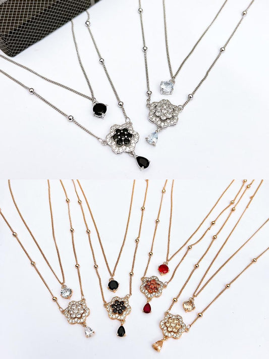 Layered Crystal Floral Drop Necklace
