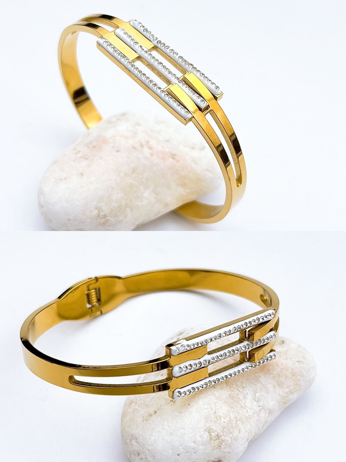 Triple Rail Crystal Gold Bangle