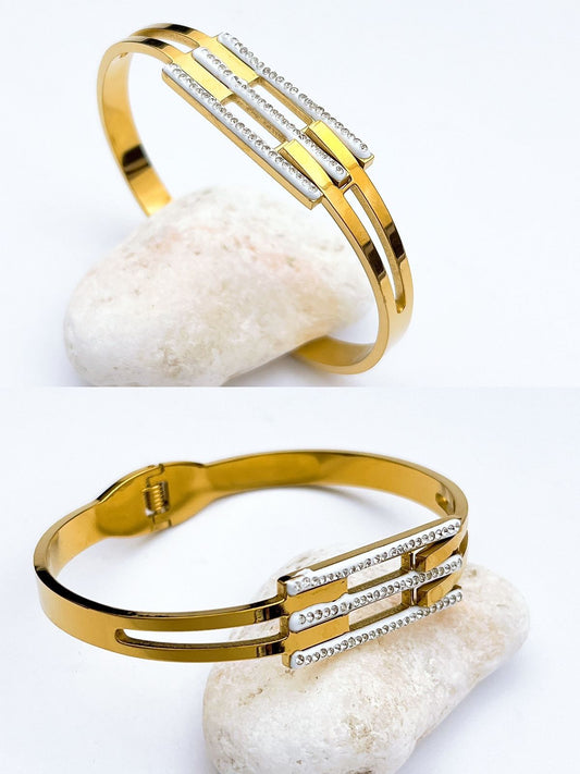 Triple Rail Crystal Gold Bangle