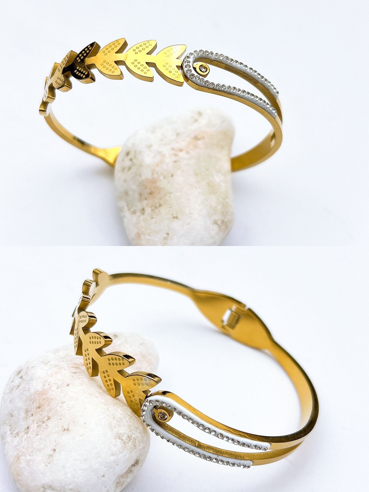 Gold Laurel Leaf Crystal Bangle